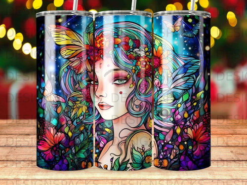 Fanciful fairy portrait with vibrant floral and butterfly accents.