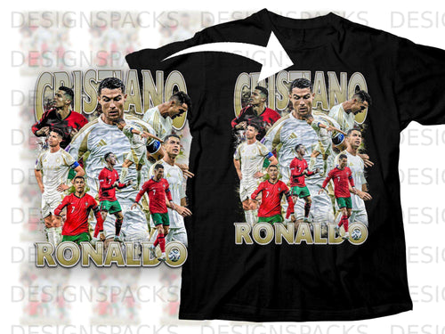 Cristiano Ronaldo in a red soccer jersey on a black t-shirt.