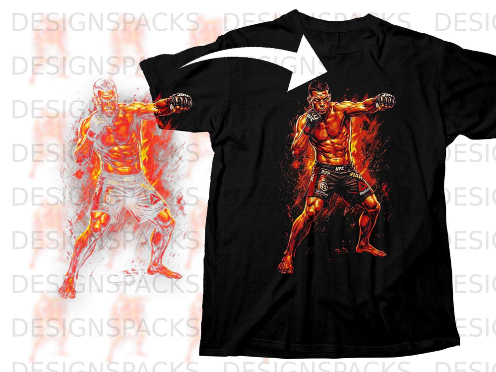 Black t-shirt with an illustration of a fighter in motion with fiery accents.