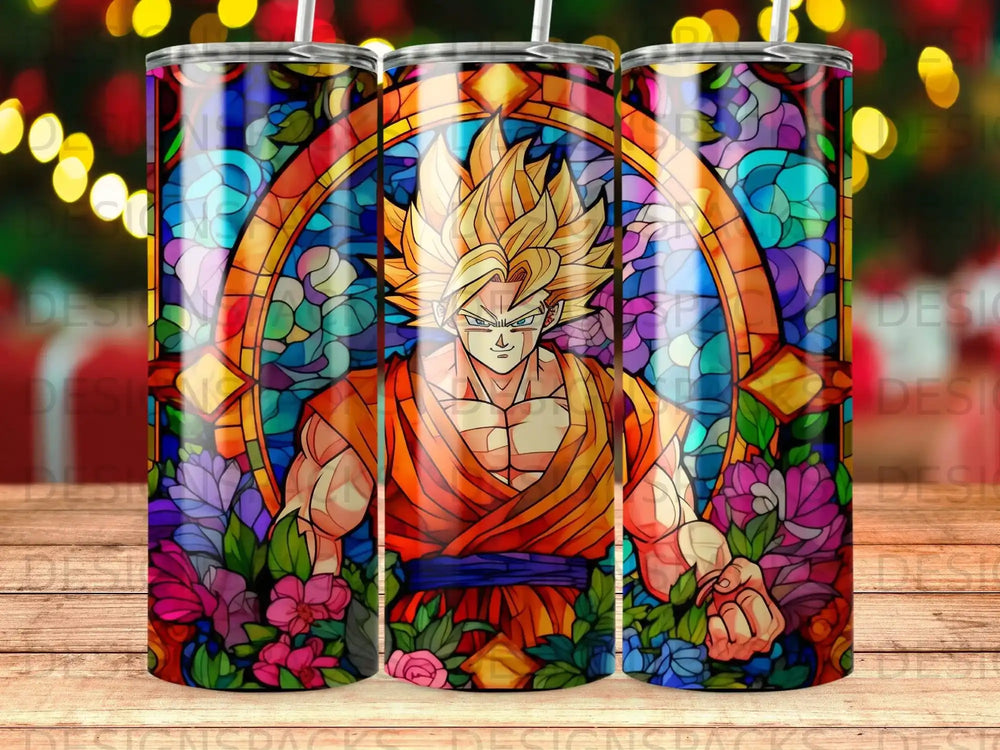 Stained glass style tumbler featuring Goku from Dragon Ball Z surrounded by floral motifs.