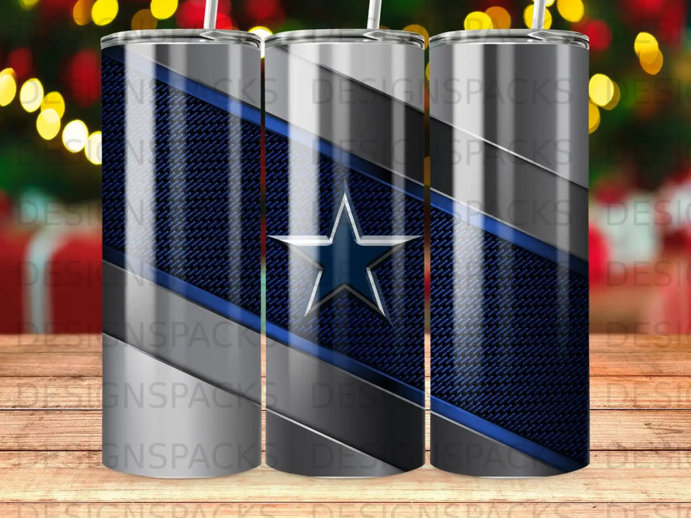 Dallas Cowboys star logo on a blue and silver striped tumbler.