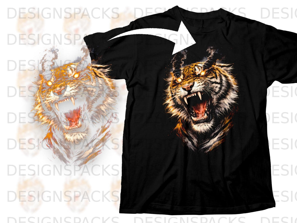 Black t-shirt with roaring tiger graphic, with smoke effects.