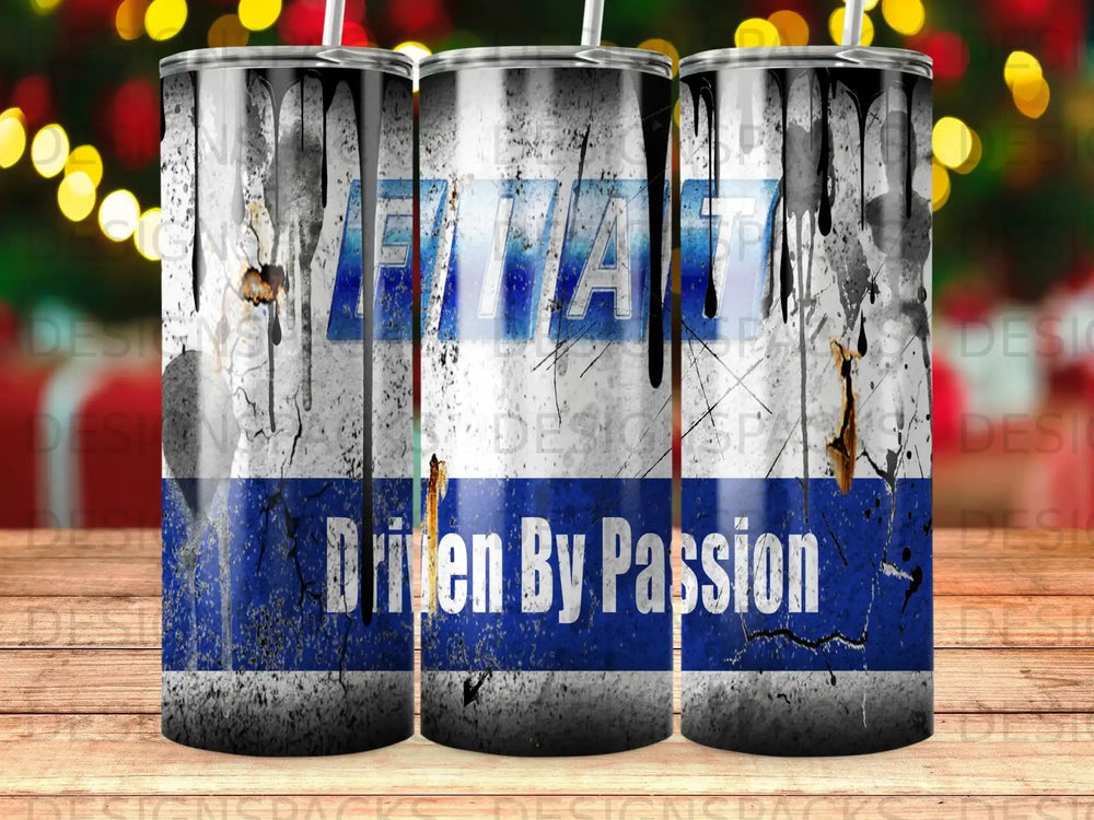 Tumbler with "FIAT" logo and "Driven By Passion" text, distressed blue and white design.