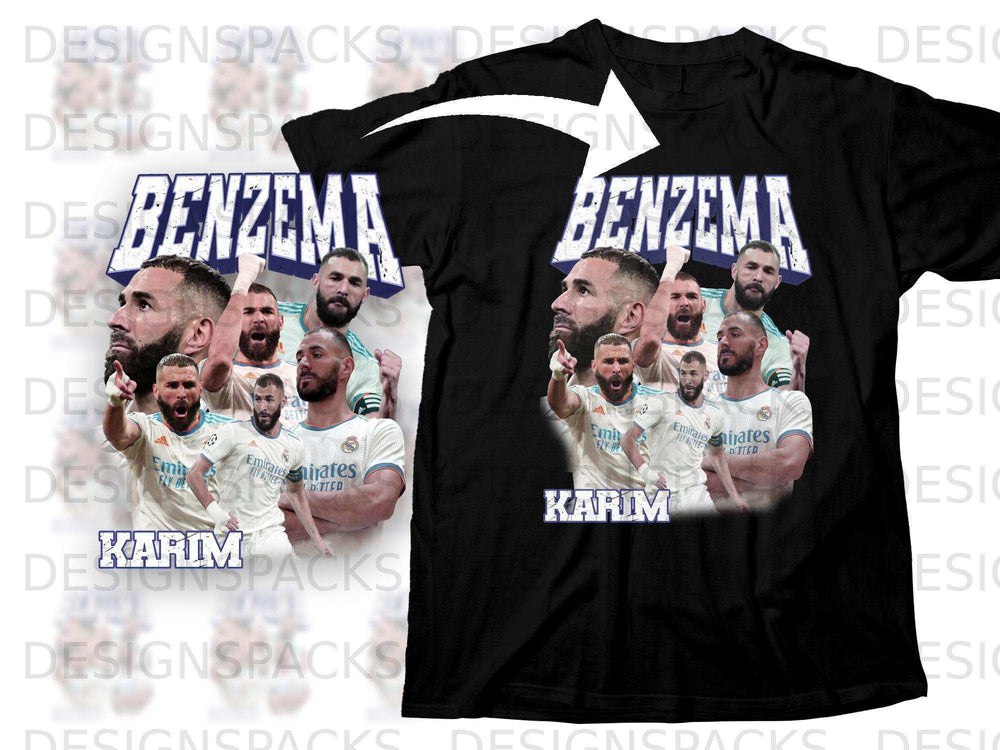 Black t-shirt with Karim Benzema graphic and text.