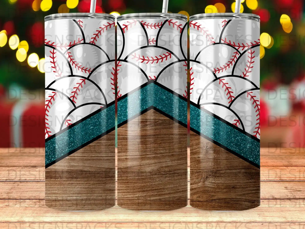 Tumbler with baseball stitching pattern and wood grain design.
