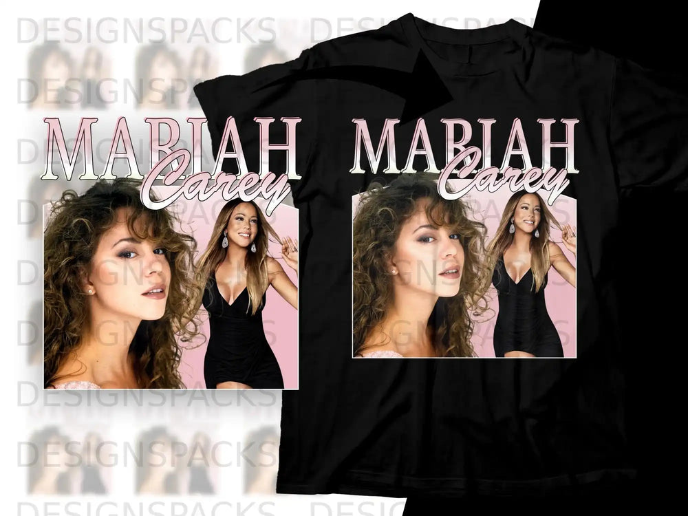 Mariah Carey in a black dress, with her name in pink and green.