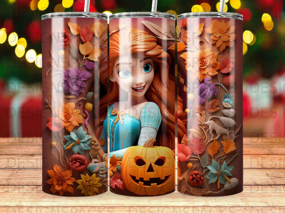 Rapunzel character in teal dress with pumpkin and autumn leaves on a tumbler.