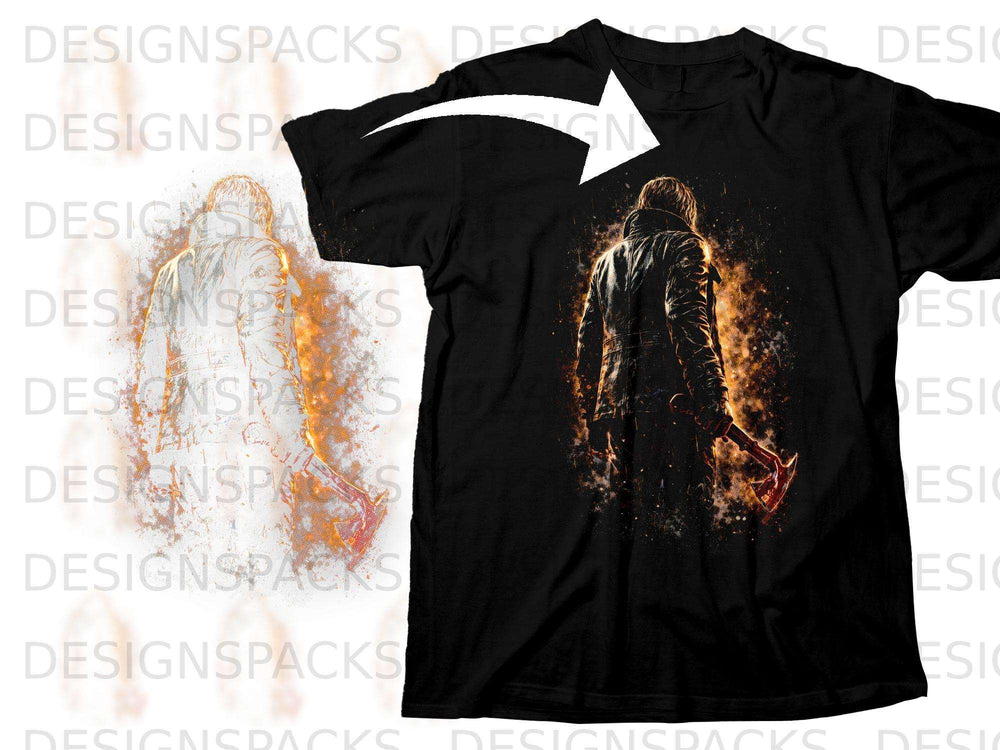 Black t-shirt with a graphic of a person holding an axe with fiery accents.