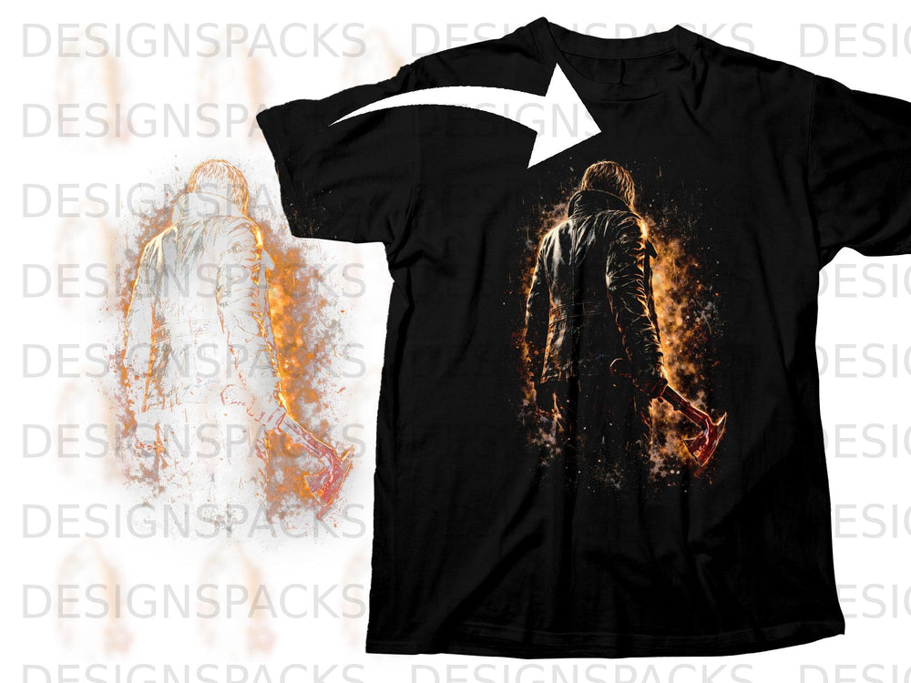Black t-shirt with a graphic of a person holding an axe with fiery accents.