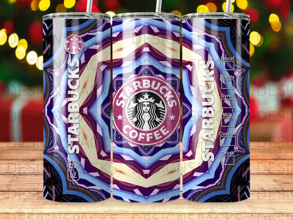 Starbucks tumbler with iconic logo, floral pattern, and drink type labels.