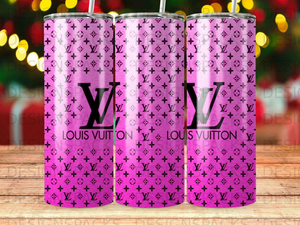 Pink tumbler with Louis Vuitton pattern and text.
