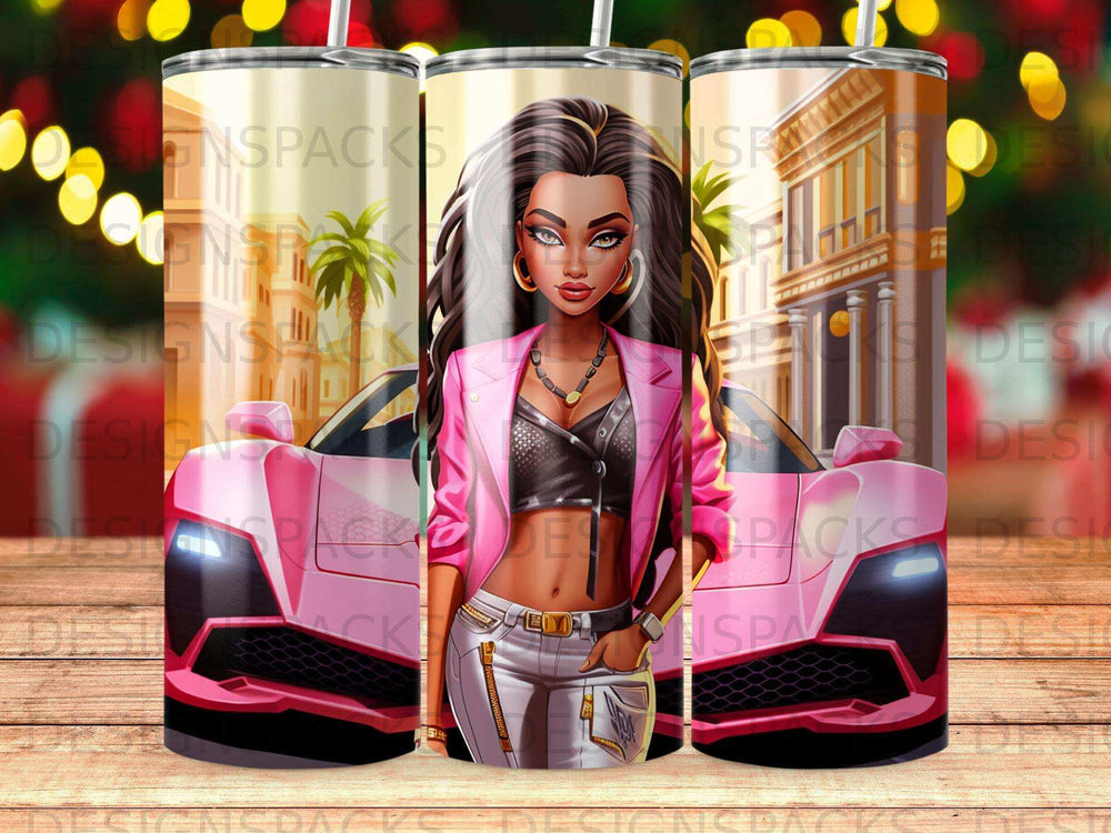 Fashionable woman in pink jacket and white pants with pink sports car.
