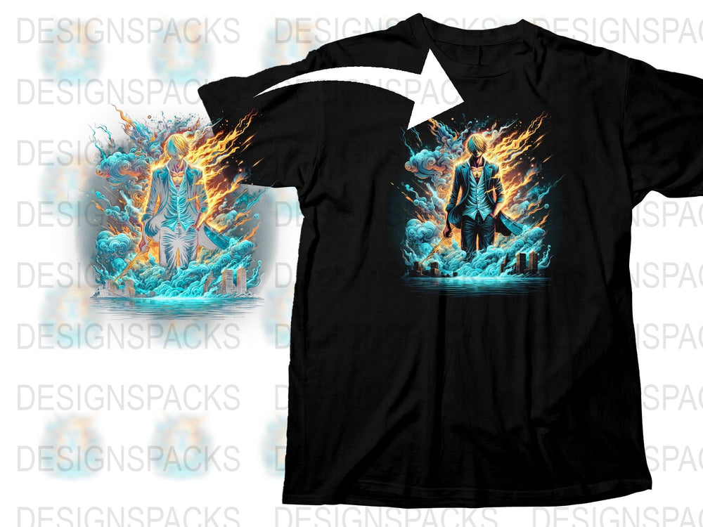 Men's Graphic Tee, Fantasy Blue Fire Phoenix Art, Unique Black T-Shirt Design, Cool Casual Apparel