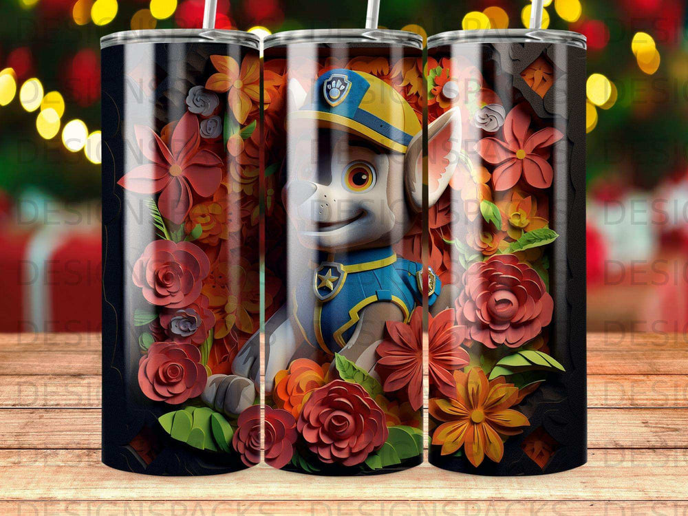 Paw Patrol's Chase character surrounded by colorful floral decorations on a tumbler.