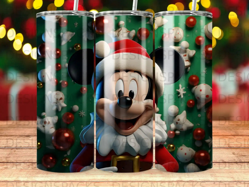 Mickey Mouse in a Santa hat on a green Christmas tumbler with ornaments.