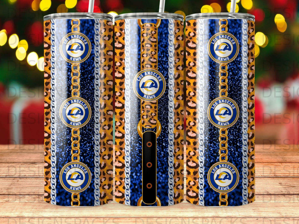 Los Angeles Rams tumbler with leopard print, gold chains, and blue background.