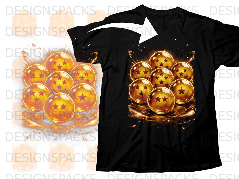 Black t-shirt with a graphic of golden Dragon Balls with red stars.