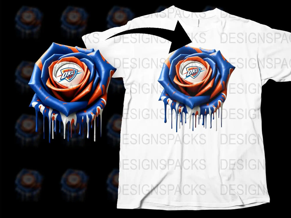 Vibrant Blue and Orange Dripping Rose Graphic T-Shirt, Stylish Casual Wear, Unique Floral Design Tee