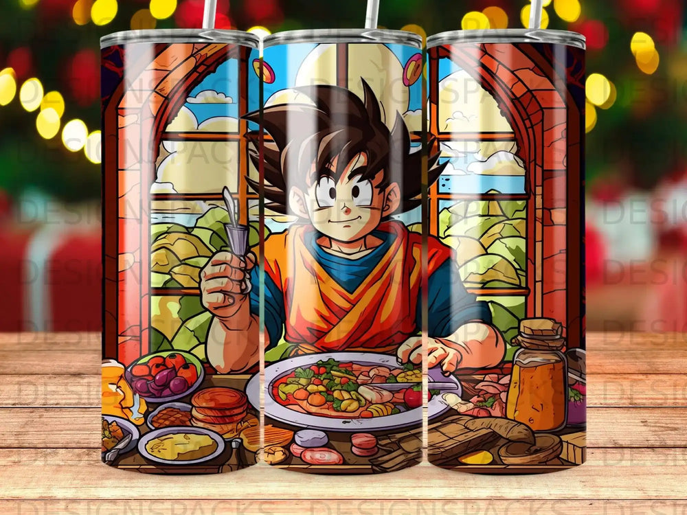 Goku eating a large meal in front of a stained-glass window.