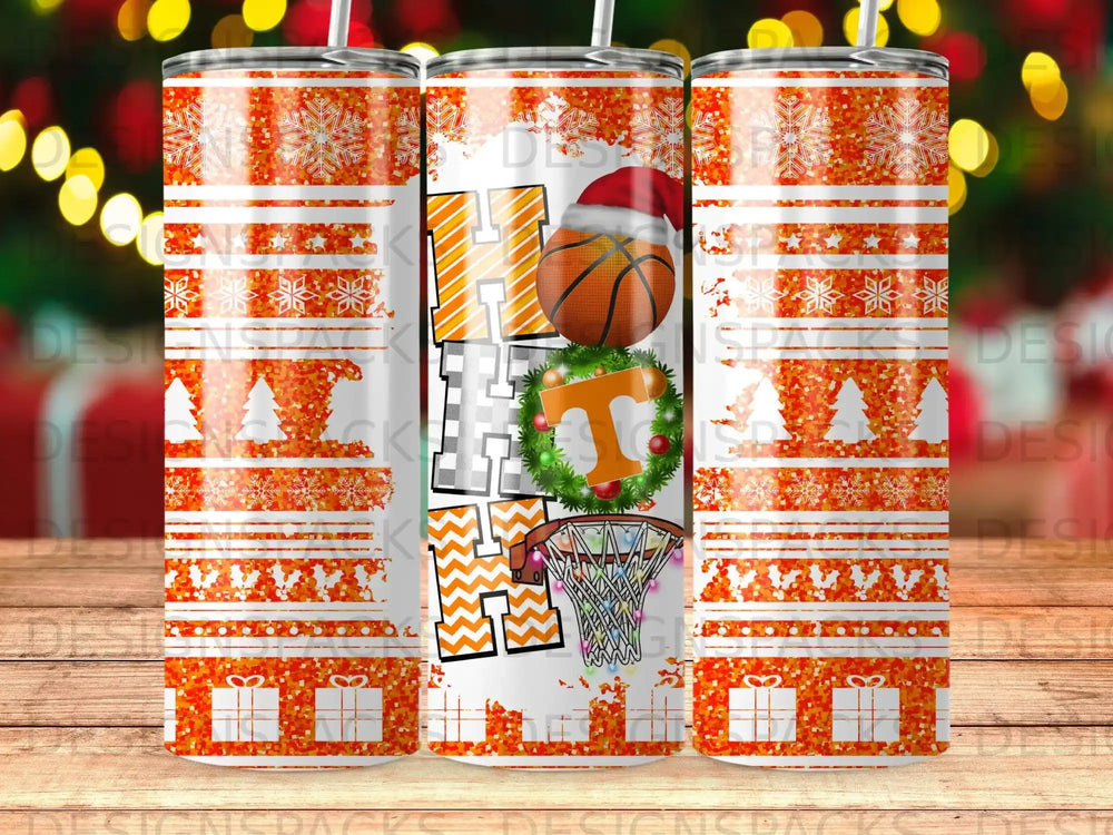 Tumbler with "Hoops" text, basketball, hoop, and holiday snowflake design.