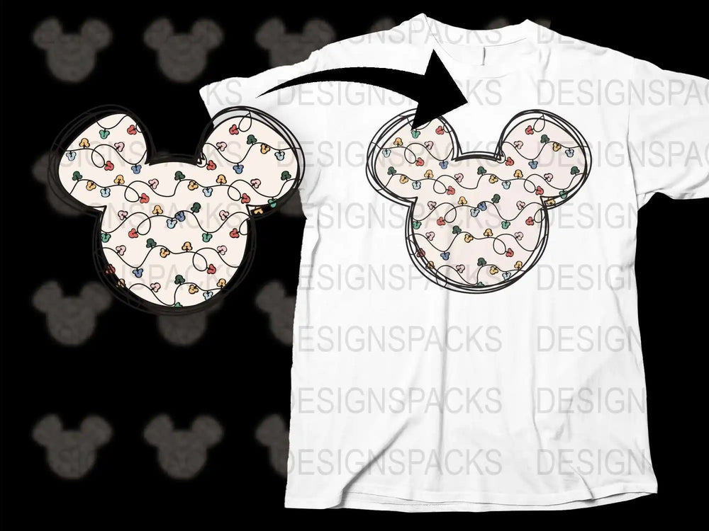 Disney Inspired T-Shirt, Mickey Mouse Christmas Lights Graphic, Unisex Adult White Tee
