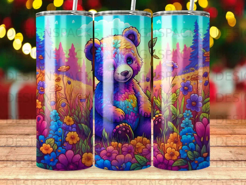 Colorful bear illustration sitting in a field of flowers.