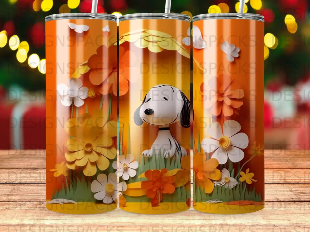 Snoopy sitting under a floral awning with a grassy background.