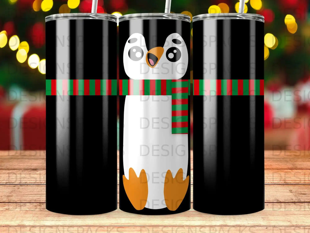 Black tumbler with a cartoon penguin wearing a scarf.