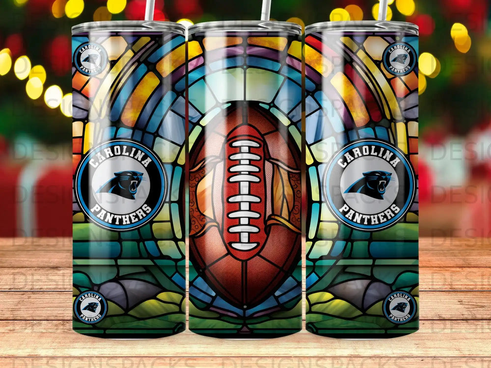 Carolina Panthers football and stained glass design on a tumbler.