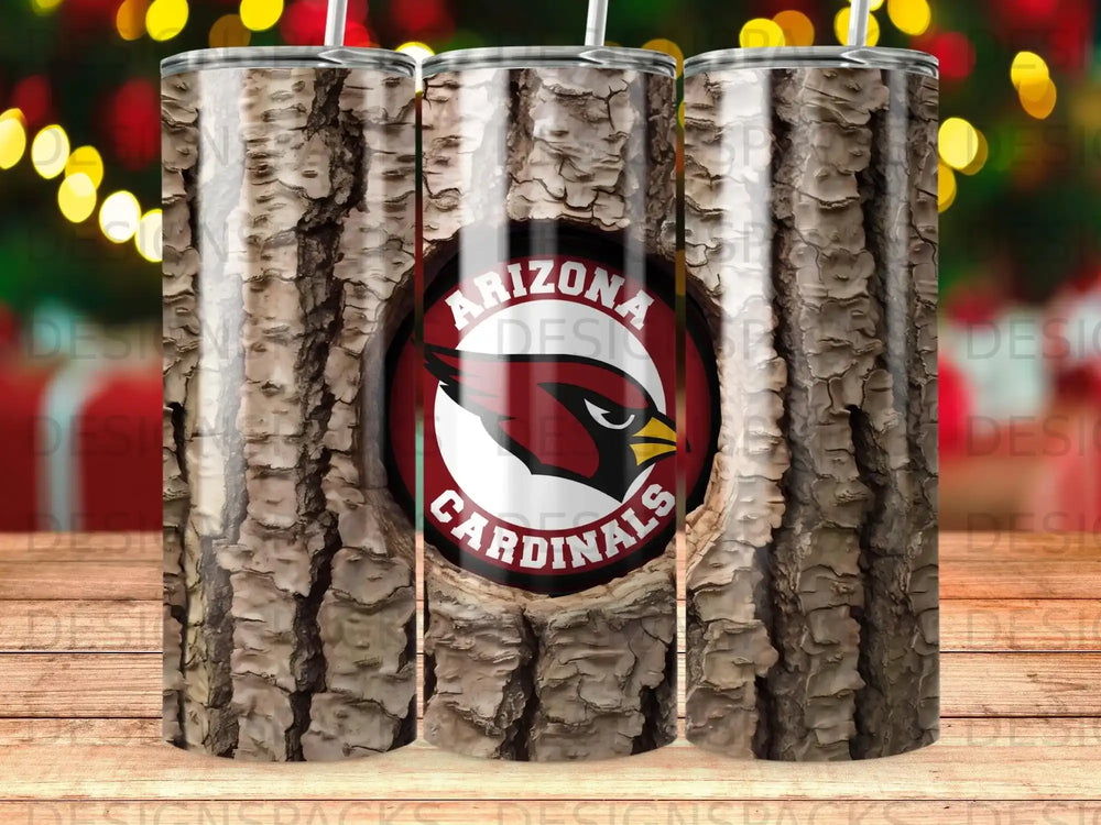 Arizona Cardinals logo on a wood-grain tumbler with a straw.