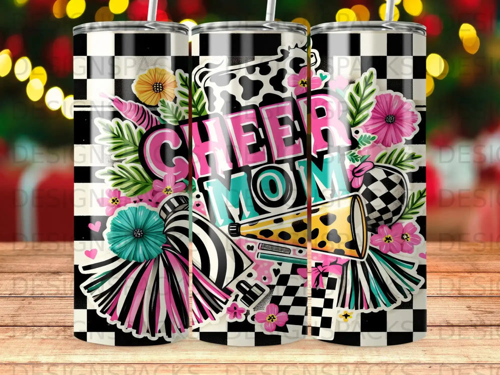 Cheer Mom tumbler with cow print, megaphone, and pom-poms.