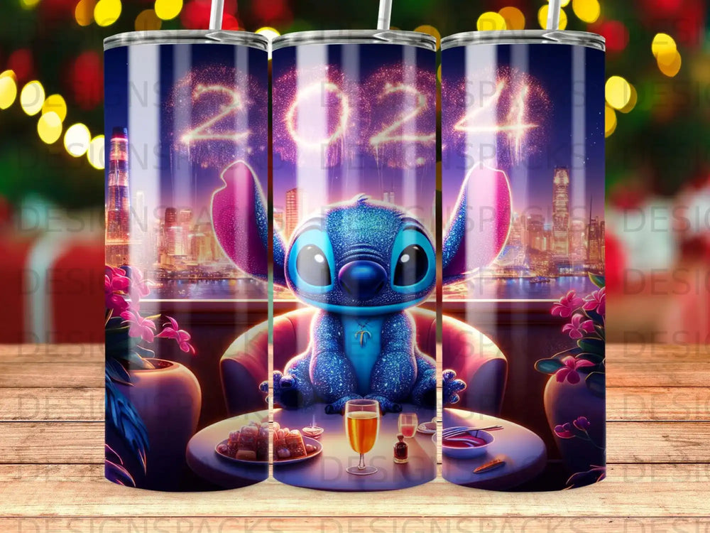 Stitch sits at a table with drinks, fireworks in background.