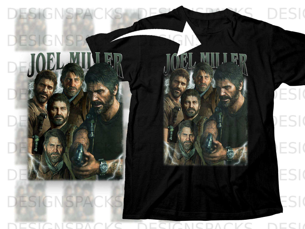Black t-shirt with Joel Miller montage from The Last of Us video game.