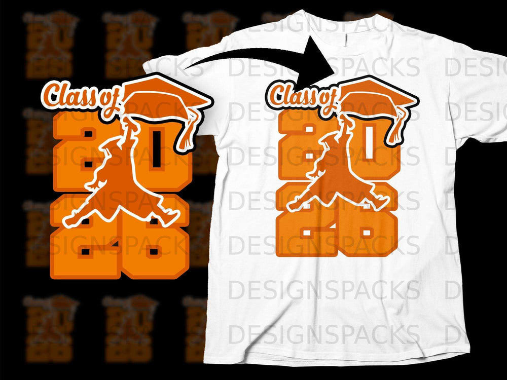 Orange Class of 2024 graphic with graduation cap and silhouette of graduate.