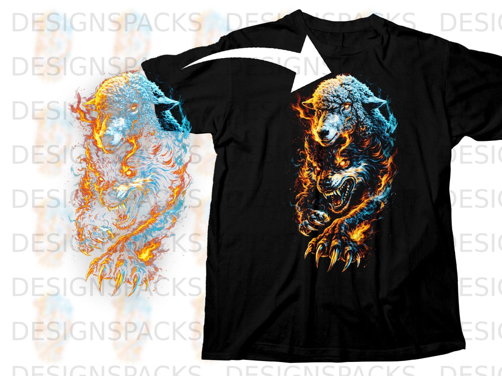 Black t-shirt with flaming wolf and sheep graphic design.