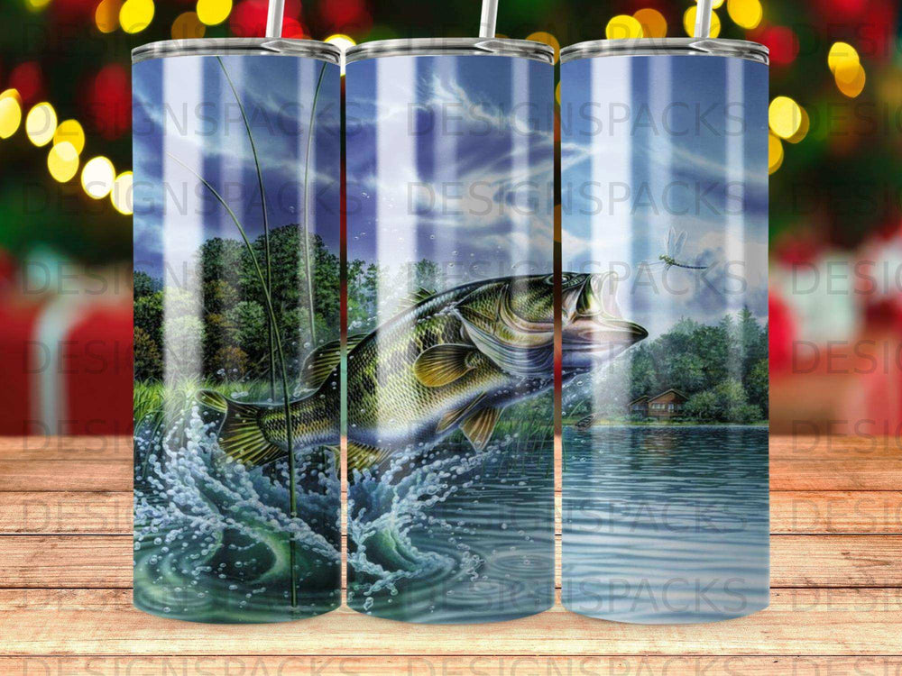 Largemouth bass leaping from water with trees and cabin in background.