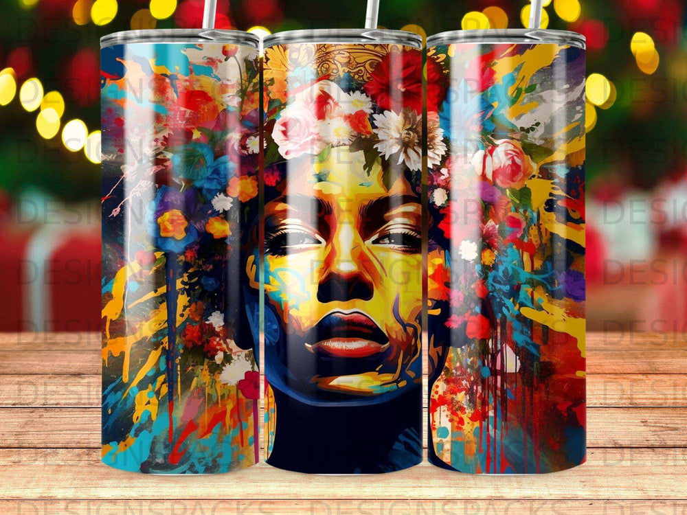 Abstract portrait of a woman with colorful flowers and paint splatters.