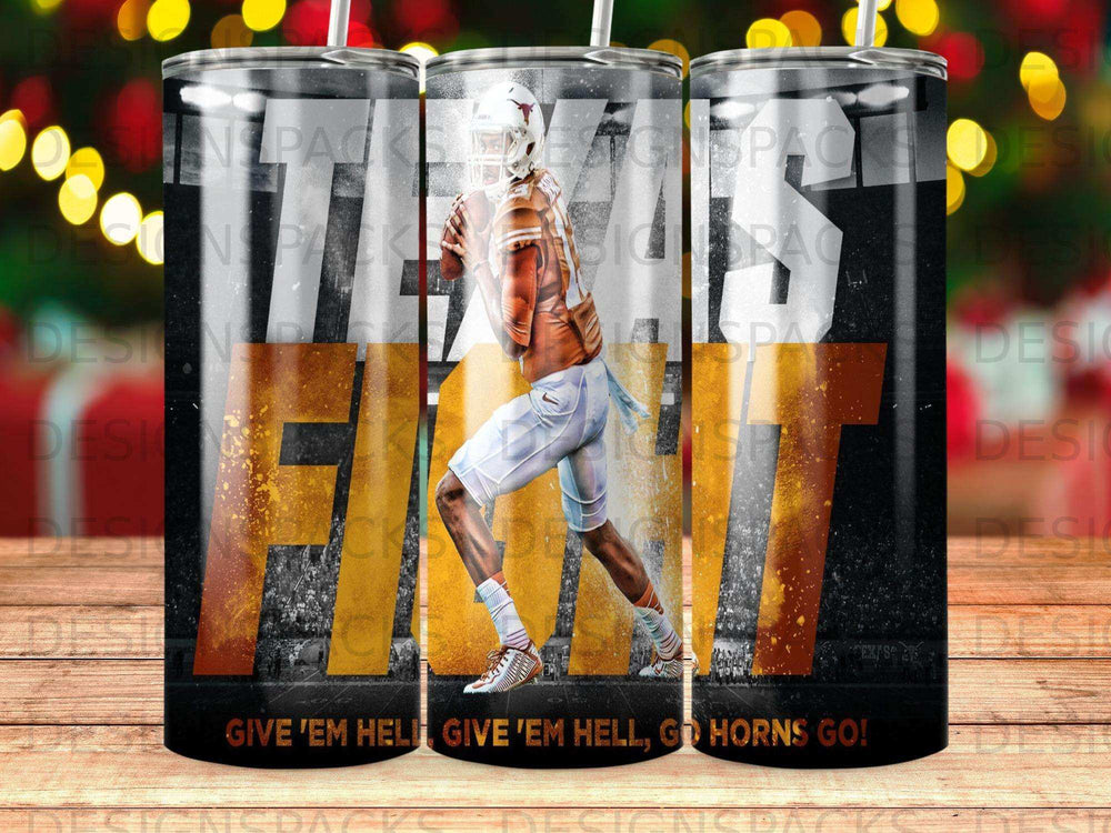 Tumbler with football player and "GO HORNS GO!" text.