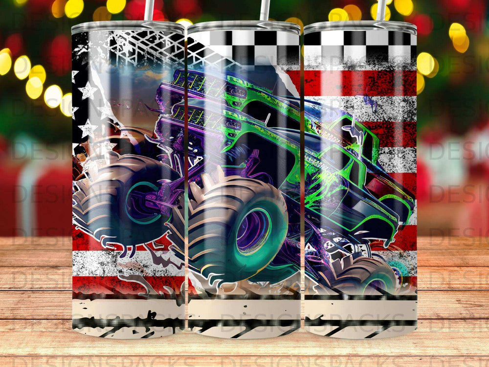 Monster truck with American flag and distressed stripes design.