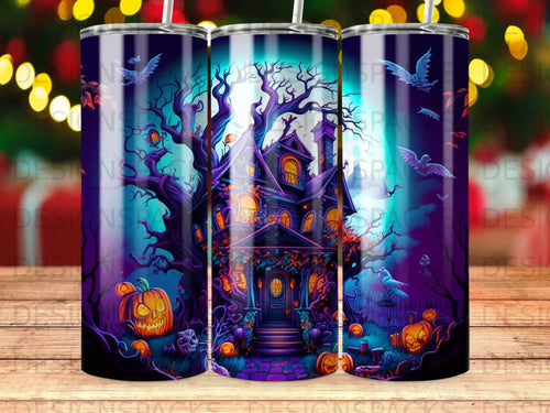 Haunted house with pumpkins, bats, and spooky graveyard at night.