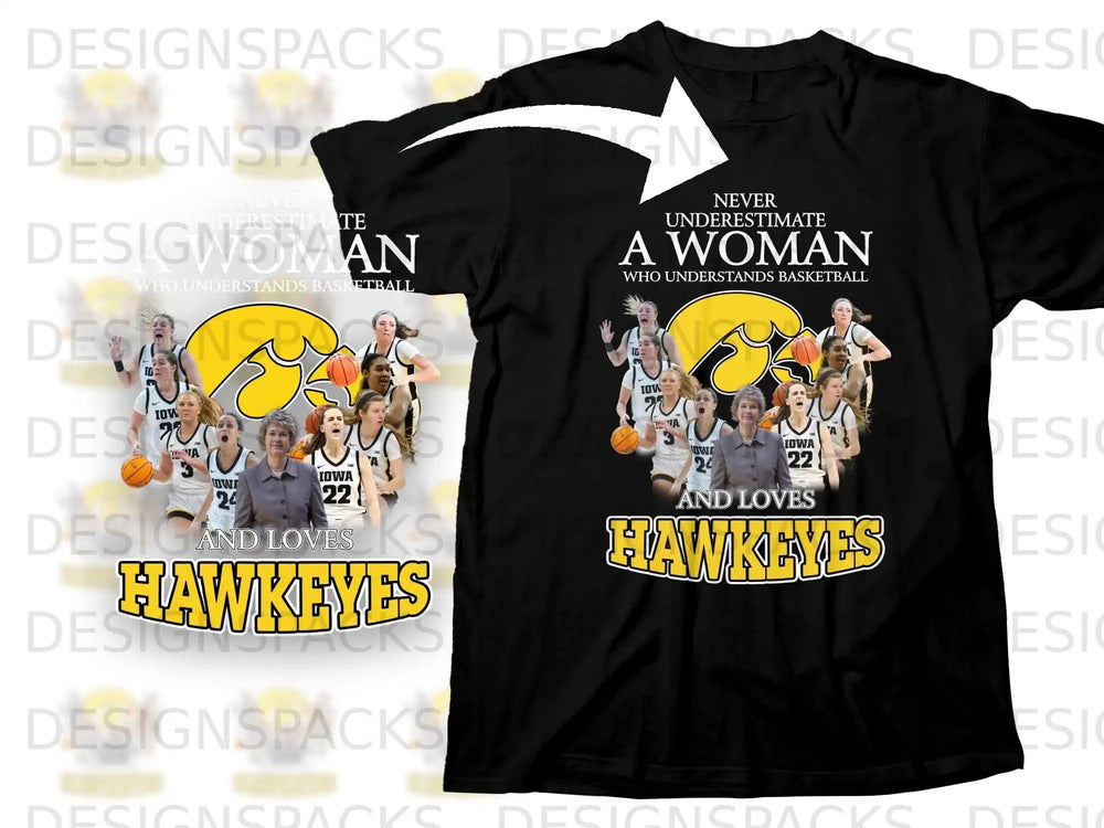 Black t-shirt with Iowa Hawkeyes basketball graphic and text.