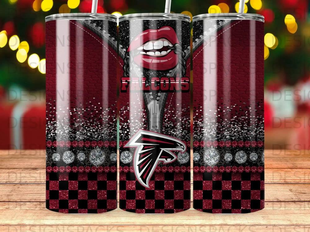 Atlanta Falcons tumbler with red, black, and diamond patterns.