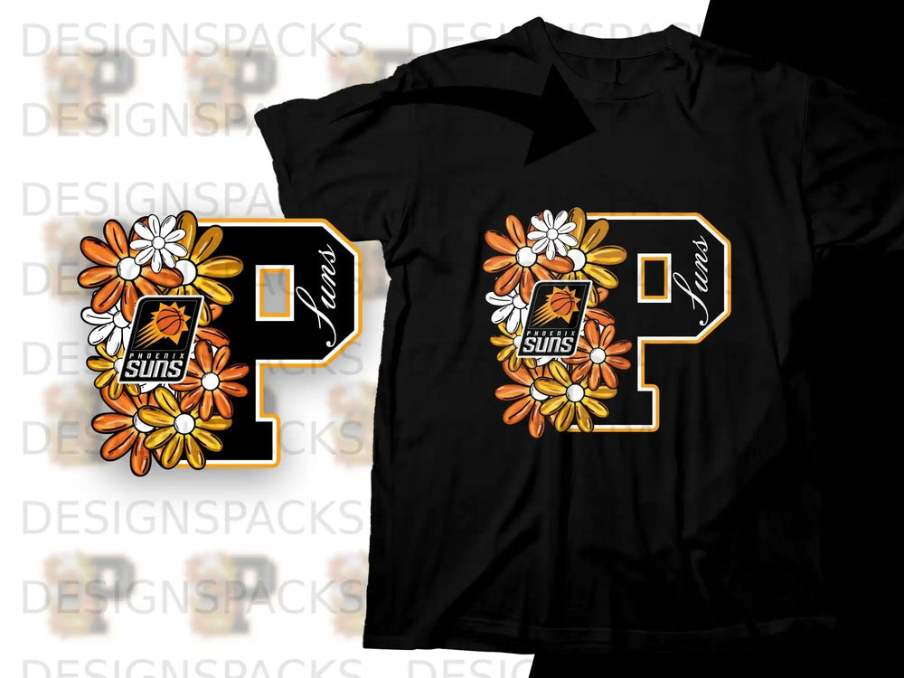 Phoenix Suns "P" logo with floral design on black t-shirt.
