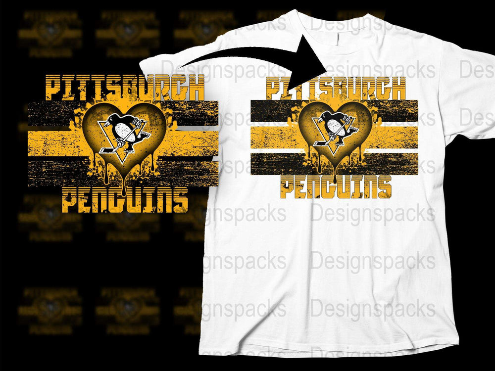 Pittsburgh Penguins Heart Logo T-Shirt, Black and Gold Striped Sports Fan Apparel