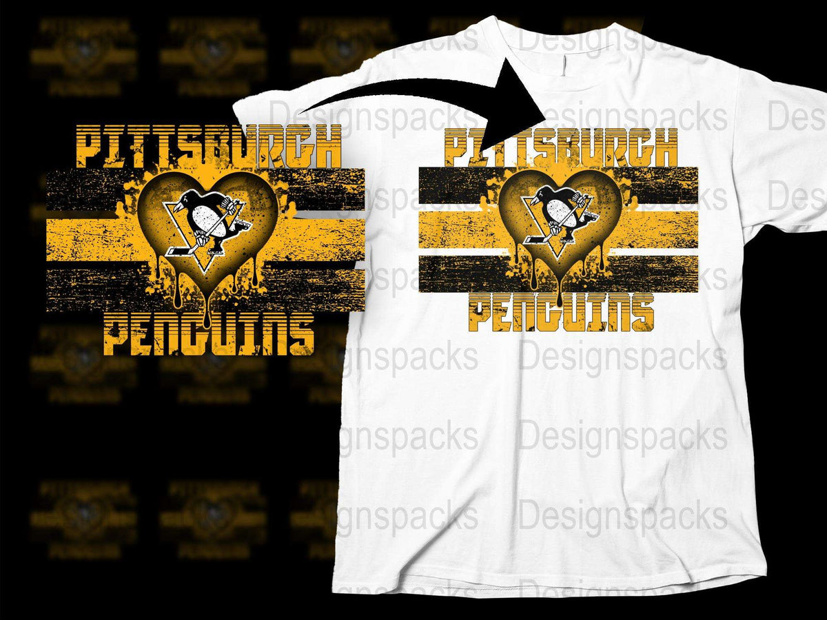 Pittsburgh Penguins Heart Logo T-Shirt, Black and Gold Striped Sports Fan Apparel