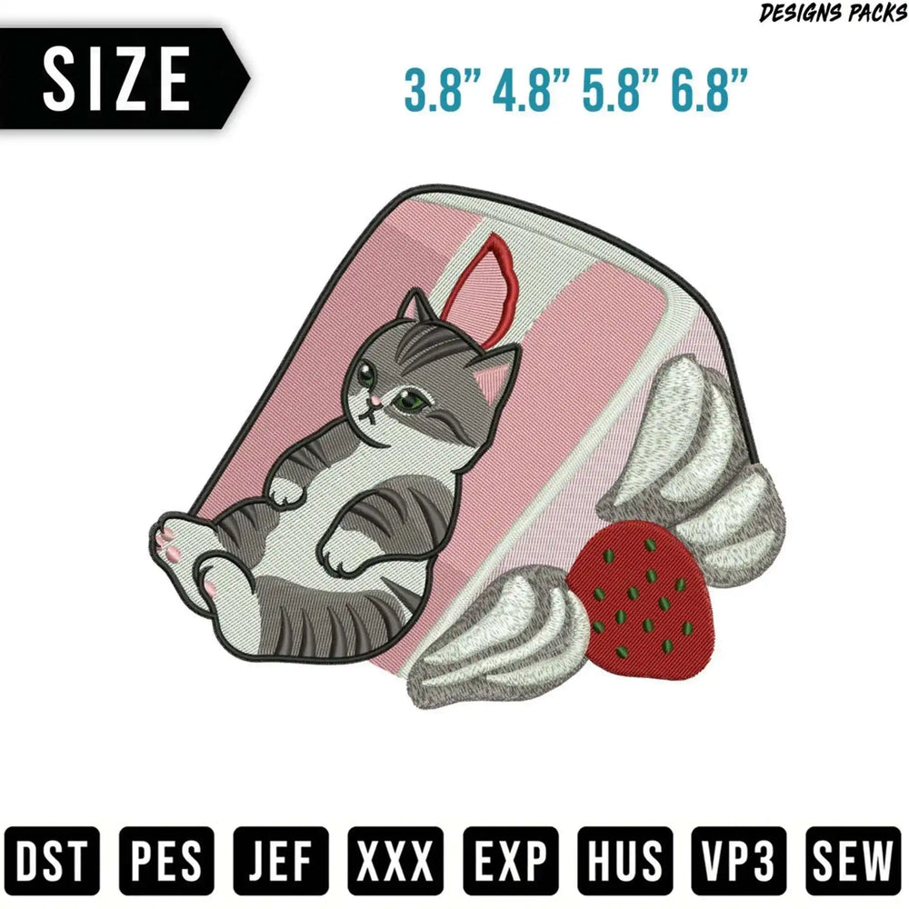 Embroidered strawberry cake slice with a sleeping cat and decorative text.
