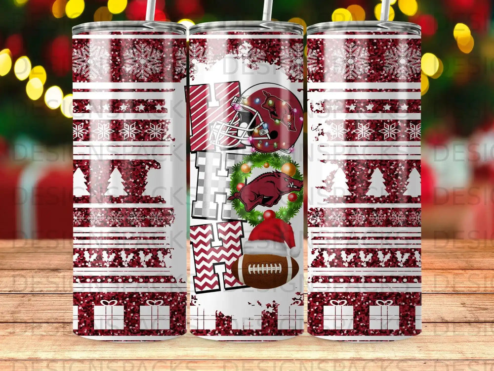 Tumbler with "HO" and Arkansas Razorbacks logo, adorned with snowflakes and glitter.