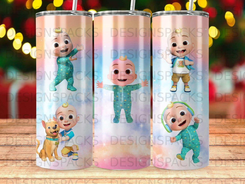 Three tumblers featuring cartoon characters and a dog against a watercolor background.