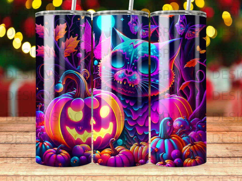 Halloween tumbler with neon cat, pumpkins, and spooky forest scene.