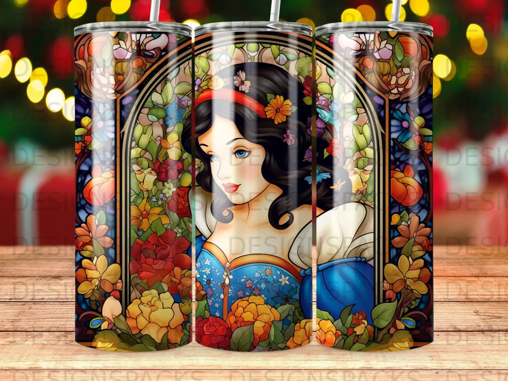 Snow White with flowers and stained glass border.